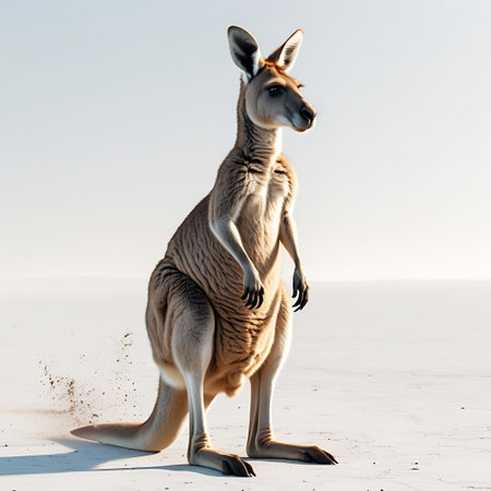 A side profile of a kangaroo standing in a bright, flat, and seemingly arid landscape. A small plume of dust is trailing from its hind leg, suggesting recent activity. The kangaroo is positioned to the right of the frame, looking towards the right. The background is a bright, washed-out sky.の素材