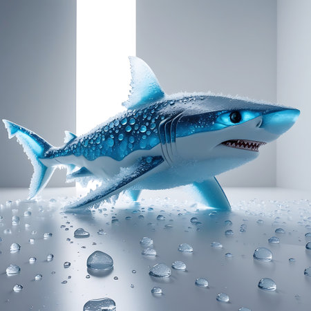 A stylized shark, appearing to be made of ice and covered in water droplets, is positioned on a reflective white surface. The shark has bright blue eyes and sharp teeth, giving it a fierce appearance. The lighting is dramatic, with strong highlights and shadows.の素材