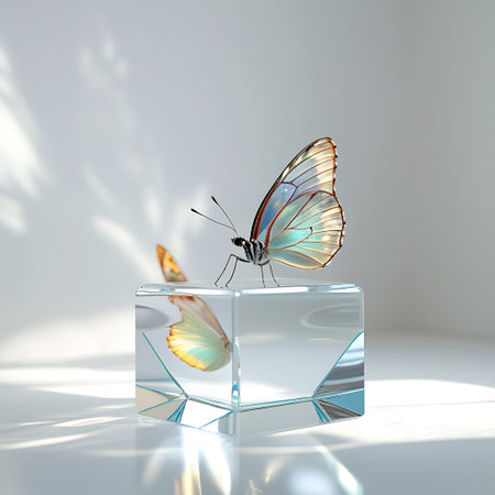 An iridescent butterfly with delicate, translucent wings in shades of blue and green is positioned on a clear glass cube. The cube's facets refract light, casting subtle colorful reflections. The background is a soft, out-of-focus white, with dappled shadows suggesting natural light.の素材