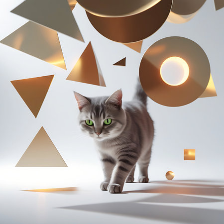 A gray tabby cat with striking green eyes walks forward on a white surface. The cat is surrounded by floating golden geometric shapes including triangles and circles, some of which are illuminated. The background is clean and white, with soft lighting and shadows creating a sense of depth.の素材