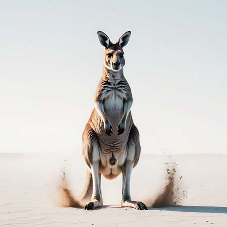 A front-facing view of a kangaroo standing in a flat, sandy expanse. Clouds of dust are visible on either side of its feet, indicating dynamic movement. The animal is centered in the frame, with its gaze directed forward. The background is a bright, featureless sky, emphasizing the kangaroo and the sandy ground.の素材