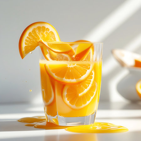 A tall, clear glass filled with vibrant orange juice is the central focus. Several thin slices of fresh orange are arranged inside and around the rim of the glass, with one slice artfully placed on the rim. Droplets of juice are visible on the outside of the glass, and a small puddle of spilled orange liquid has formed on the white surface below. Sunlight casts soft shadows and highlights, emphasizing the refreshing nature of the drink.の素材