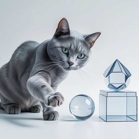 A grey cat, with its characteristic sleek fur, is positioned on a bright white studio background. The cat is actively reaching out with its paw towards a selection of translucent blue geometric forms: a sphere, a cube, and a faceted pyramid. The objects are arranged in a visually appealing composition, with the cat appearing to be in the process of touching or batting at the sphere. The lighting is clean and even, emphasizing the textures of the cat's fur and the reflective qualities of the...の素材