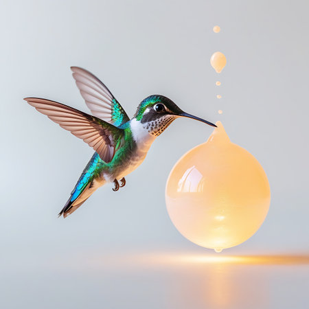 A vibrant hummingbird with iridescent green and blue feathers hovers near a luminous, translucent yellow orb. Small droplets of liquid are shown dripping from the orb, and the hummingbird's beak is positioned as if to drink. The background is a soft, neutral tone, emphasizing the bird and the glowing orb.の素材