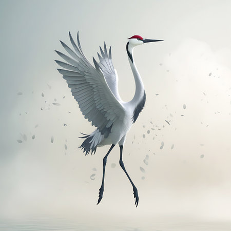 A red-crowned crane stands poised with its wings spread wide, showcasing the intricate detail of its feathers. The bird is depicted against a soft, diffused light, with subtle hints of falling petals and wisps of smoke adding to the ethereal atmosphere. Its distinctive red crown and black neck contrast with its pure white plumage, and its long legs are elegantly positioned.の素材