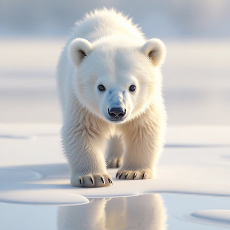 A fluffy white polar bear cub walks directly towards the camera across a surface of ice and water. The cub's reflection is visible in the shallow water. Its fur is soft and detailed, and its dark eyes and nose stand out against its white coat. The background is a soft, blurred expanse of white and light blue, suggesting an arctic environment.の素材