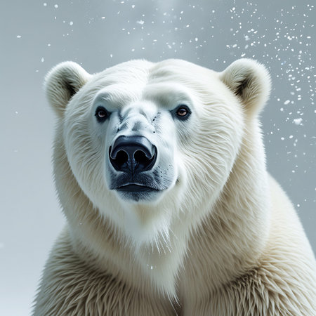 This image features a close-up, frontal portrait of a polar bear. Its white fur is detailed, and its dark eyes and black nose are clearly visible. The bear is looking directly forward. Small white specks, suggesting falling snow, are scattered in the air around the animal. The background is a soft, light gray.の素材
