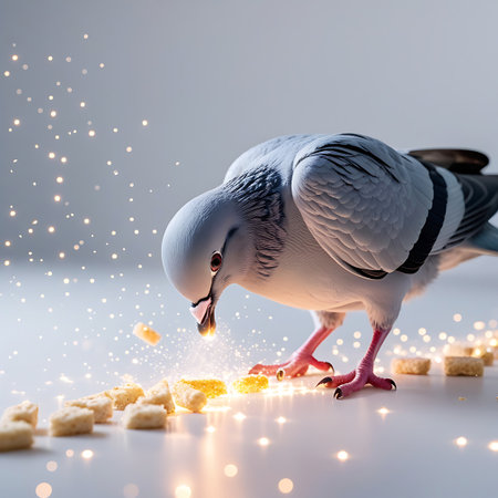 A close-up view of a pigeon on a white surface, actively pecking at scattered pieces of food. The scene is illuminated by numerous small, sparkling lights that create a magical and enchanting atmosphere around the bird and the food. The pigeon's head is lowered, focused on the meal, with its feet visible on the ground. The background is softly blurred, with more bokeh lights adding to the dreamy effect.の素材