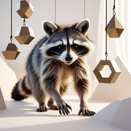 A raccoon is positioned in the center of a minimalist studio setting. Several gold and bronze geometric shapes, such as octahedrons and hexagons, are suspended from above by thin wires. The background is clean and white, with soft lighting that casts subtle shadows. The raccoon's fur and striped tail are detailed, and its black mask is prominent.の素材