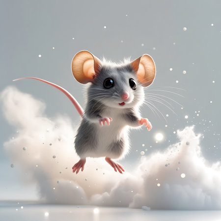 An endearing cartoon mouse with large, translucent ears and a curious expression is depicted in mid-air, seemingly balancing on or emerging from soft, white clouds. The background is a soft, light blue-grey, illuminated by scattered bright white particles and a subtle glow, creating a dreamy and enchanting scene. The mouse's pink tail curves gracefully.の素材