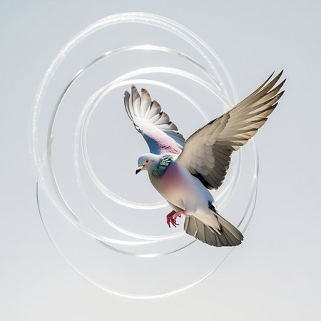 A pigeon with white and grey plumage, accented by iridescent green and pink on its neck and bright red feet, is depicted in mid-flight with its wings outstretched. The bird is surrounded by three concentric, swirling silver rings that create an abstract, flowing visual effect. The background is a very light, almost white, hue, providing a soft contrast.の素材