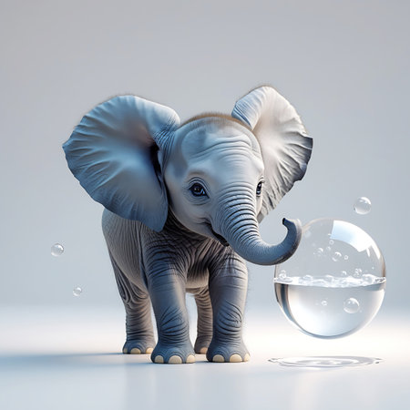 A full-body, front-facing shot of a baby elephant standing on a clean white surface. The elephant is a light grey with large, expressive eyes and prominent, floppy ears. Its trunk is curled upwards, interacting with a transparent sphere filled with water and small bubbles. Tiny water droplets and ripples are visible on the surface around the sphere, suggesting playful interaction. The background is a plain, bright white.の素材