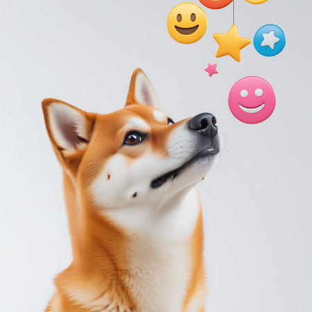 A Shiba Inu dog with vibrant orange and white fur is captured in a studio shot, looking intently upwards. Above the dog, a collection of colorful emoji icons and star shapes are suspended, appearing to float against a clean white background. The emojis include smiling faces and a pink heart, while the stars are yellow, blue, and pink. The composition is simple and bright, suggesting themes of communication and online expression.の素材
