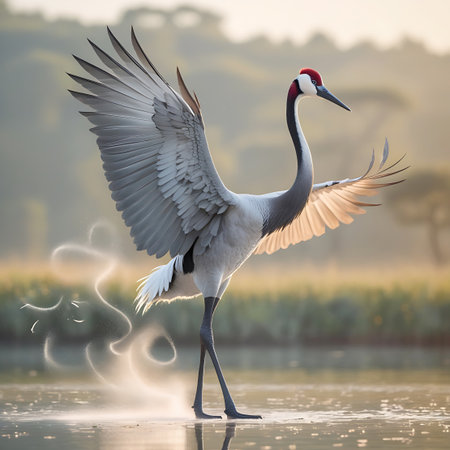 A regal red-crowned crane stands in shallow water, its large, feathered wings extended outwards. The crane's white body, black neck, and red crown are clearly visible. The water reflects the bird and the soft, warm light of a misty sunrise or sunset. In the background, blurred trees and a hazy sky create a serene and atmospheric setting. Ethereal, glowing wisps of light swirl around the crane, adding a touch of magic to the scene.の素材