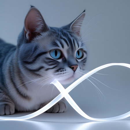 A close-up shot of a Siamese cat with piercing blue eyes, focused intently on a bright, glowing ribbon of light. The cat is lying down, with its head turned towards the light source. The ribbon of light is white and appears to be a flexible strip of LEDs, forming a gentle curve in front of the cat. The cat's whiskers are illuminated by the light, and its expression suggests curiosity and playful engagement with the luminous object. The background is softly blurred, highlighting the cat and...の素材