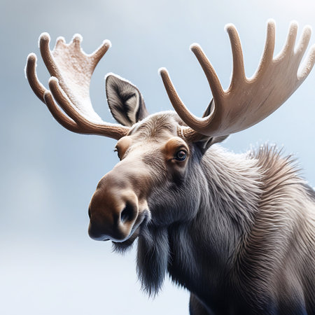 This image features a side profile of a moose, with its head turned slightly to the left. Its impressive antlers are covered in a layer of snow, and a dusting of frost is visible on its muzzle and ears. The moose has thick, greyish-brown fur. The background is a soft, blurred blue, suggesting a cold, wintry environment without distracting details. The focus is on the animal's features and its snowy adornments.の素材