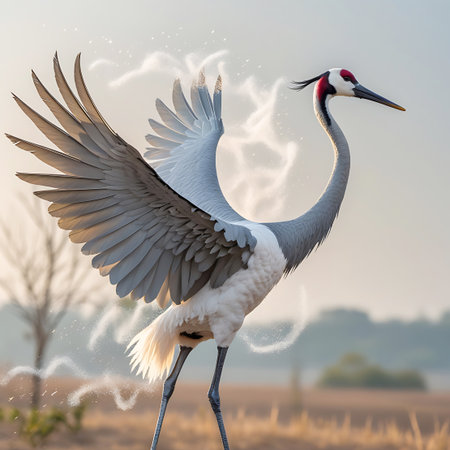A striking red-crowned crane stands in a dry, grassy field, its broad wings held open. The bird's white plumage, black neck, and red crown are sharply defined against a soft, misty background. The scene is bathed in the warm, diffused light of sunrise or sunset, with silhouetted trees in the distance. Ethereal, glowing wisps of light surround the crane, creating a sense of enchantment and power. The overall impression is one of serene beauty and natural wonder.の素材