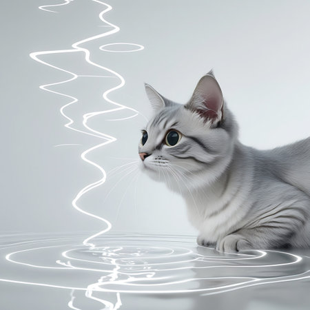 A silver tabby cat with bright green eyes is captured in a close-up profile view. The cat is situated in a shallow body of water with distinct white ripples. An abstract, glowing white lightning bolt-like shape emanates from above and curves towards the water. The background is a clean, bright white, emphasizing the cat and the unusual abstract element.の素材