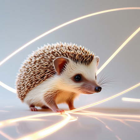 A small, spiky hedgehog is captured in a close-up shot against a clean white background. Abstract, glowing light trails in shades of yellow and orange curve around the animal, creating a sense of movement and a futuristic or technological feel. The hedgehog's dark eyes and delicate features are clearly visible, contrasted by its textured quills. Soft lighting illuminates the scene.の素材