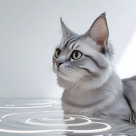 A close-up profile of a silver tabby cat with striking green eyes. The cat has detailed fur with subtle gray stripes and long white whiskers. It is positioned in what appears to be shallow, clear water, with elegant white ripples and concentric circles reflecting light. The background is a clean, bright white, creating a minimalist and serene aesthetic.の素材