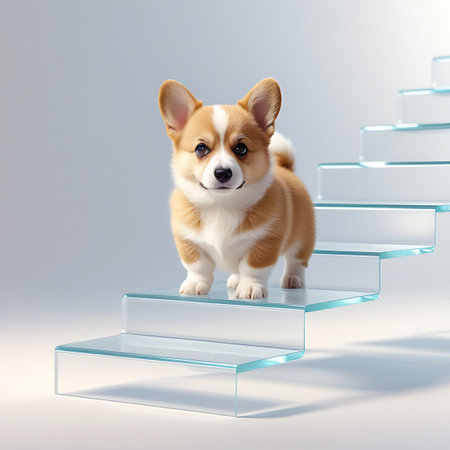 A charming Pembroke Welsh Corgi puppy, with its characteristic brown, white, and tan coat, stands on clear acrylic steps. The puppy has prominent ears and a joyful expression, appearing to smile at the viewer. The steps are transparent and have a modern, geometric design. The lighting is bright and even, highlighting the puppy's features and the clarity of the steps. The background is a simple, clean gradient of white and light grey.の素材