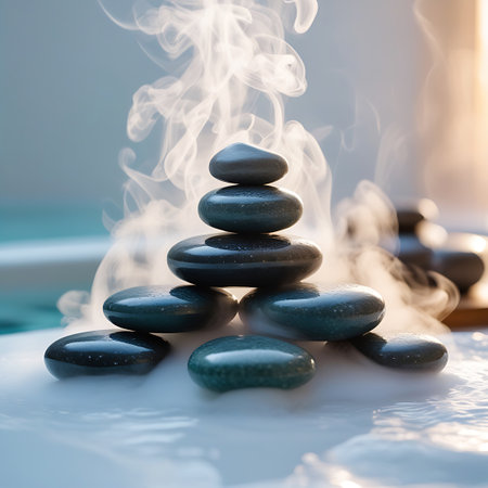 A pyramid of smooth, dark hot stones is stacked in a spa setting, with wisps of steam rising from them. The stones are arranged on a surface covered in white foam and water, suggesting a warm bath or treatment. The background is softly blurred, hinting at a tranquil spa environment.の素材