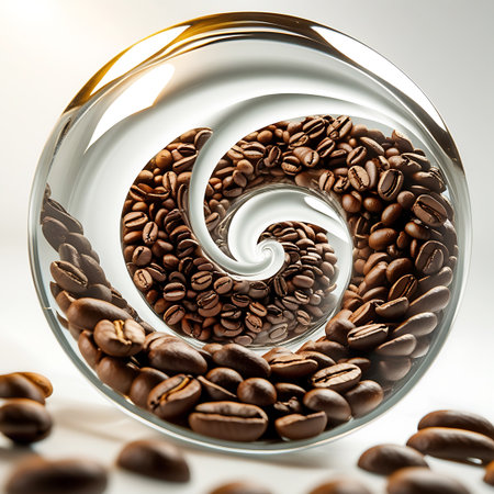 Roasted coffee beans are arranged in a swirling, spiral pattern within a clear glass container. The beans create a sense of movement and depth as they twist inwards towards a central point. Light reflects off the glass and the beans, highlighting their rich brown color and texture. Some beans are scattered in the foreground.の素材