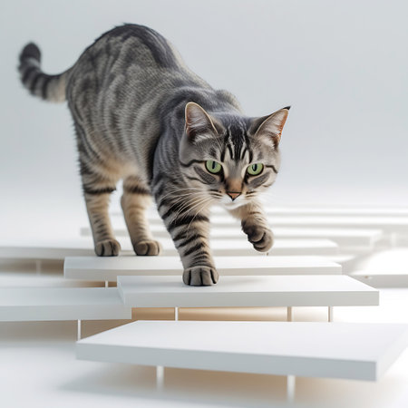 A grey tabby cat with vibrant green eyes is captured mid-stride as it walks across white, rectangular platforms. The cat's body is angled slightly, with one paw extended forward, emphasizing its movement. The background is a bright, clean white, and the platforms create a sense of a structured, minimalist environment. The focus is sharp on the cat, highlighting its detailed fur and curious gaze.の素材