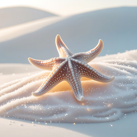 A five-pointed starfish is placed on a gently curved dune of fine, sparkling white sand. The scene is illuminated by soft, warm sunlight, which highlights the texture of the starfish and the shimmering quality of the sand. The background consists of softly blurred, flowing sand formations, creating a serene and tranquil coastal atmosphere.の素材