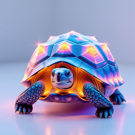 A front-facing studio shot of a tortoise with a striking, geometric, faceted shell that displays iridescent colors of blue, pink, and orange. The shell appears to be glowing from within, with bright yellow and orange light emanating from its edges and underside. The tortoise has detailed scales on its head, legs, and feet, and its eyes are visible. The image is set against a clean white background.の素材