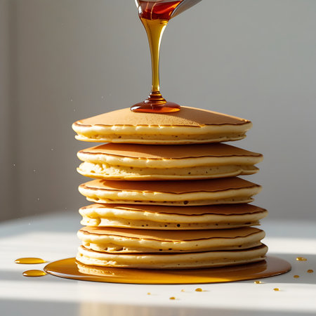 A tall stack of seven golden-brown pancakes is presented on a reflective surface. Rich, amber-colored syrup is being poured from a spoon-like utensil above, creating a thin, glossy stream that lands on the top pancake and begins to spread. Small droplets of syrup are scattered around the base of the pancake stack and on the white surface.の素材