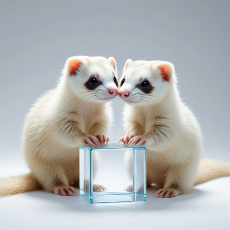 Two adorable albino ferrets are positioned facing each other, with their noses gently touching over a small, clear glass cube. The ferrets have soft white fur, bright pink ears, and dark, expressive eyes. Their paws are placed on the cube, showcasing their curiosity and playful interaction. The studio lighting creates a soft, diffused effect against a light gray background, highlighting the texture of their fur and the transparency of the cube.の素材