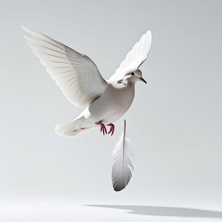 A white dove is depicted in mid-flight, its wings outstretched against a bright, neutral background. A single white feather is shown falling gracefully below the bird, creating a sense of gentle descent. The dove's plumage is immaculate, and its form is elegant. A subtle shadow is cast on the surface below, adding depth to the scene.の素材