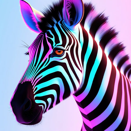 Wild showing vibrant neon zebra portrait with pink and blue lighting keywords: zebra, animal, wildlife, portrait, head, face, stripes, black, white, pink, blue, purple, neon, vibrant, colorful, glowing, light, studio, close-up, profile, mammal, wild, nature, art, digital art, illustration, abstract, modern, unique, striking, eye, mane, ears, muzzle, neck, background, gradient description: a close-up, profile portrait of a zebra's head and neck. the zebra's iconic black and white stripes are...の素材