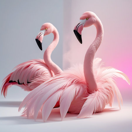 Two pink flamingos are depicted in a seated position, their bodies adorned with abundant, fluffy pink feathers that create a soft, voluminous appearance. Their necks are curved elegantly, and their beaks are a contrasting black and pink. The background is a soft gradient of white and pink, highlighting the birds' delicate features.の素材