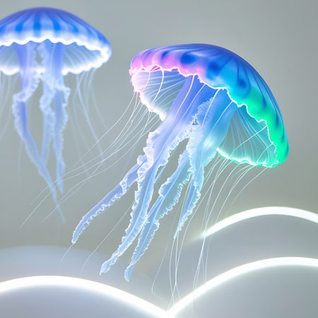 Two translucent jellyfish with glowing bells and delicate tentacles are depicted. The jellyfish on the right displays a vibrant gradient of pink, green, and blue light across its bell, while the one on the left is primarily illuminated in shades of blue and white. Their long, wispy tentacles trail downwards, creating a sense of graceful movement in an abstract, ethereal environment.の素材