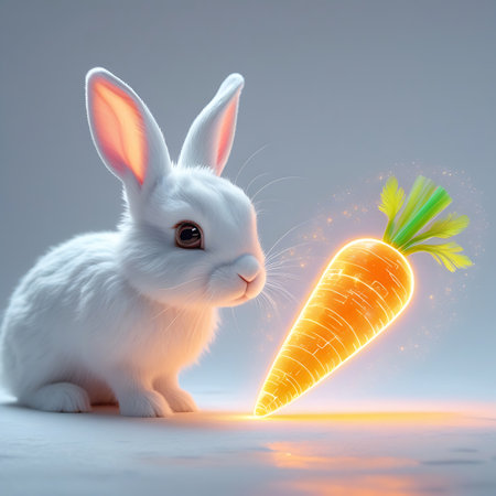A small, fluffy white rabbit is positioned on a light-colored surface, its gaze directed towards a brightly glowing orange carrot. The carrot has vibrant green leaves and emanates a warm, inviting light. The overall scene is clean and minimalist, with a soft, out-of-focus background that highlights the adorable rabbit and the luminous vegetable.の素材