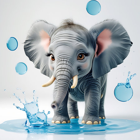 An endearing baby elephant stands in a shallow pool of water, surrounded by blue, translucent bubbles and energetic water splashes. The elephant's large ears are spread wide, and its trunk is slightly curled. Its eyes are large and expressive, framed by long eyelashes. The scene is set against a clean, light background, emphasizing the playful interaction between the baby elephant and the water elements.の素材