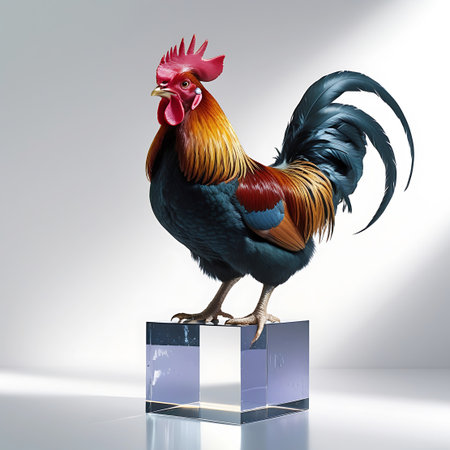 A proud rooster stands on a clear, transparent glass pedestal. The bird's plumage is a spectacle of color, with iridescent blue and teal feathers on its body, transitioning to fiery orange and red on its neck and back. Its tail feathers are long and black, and it sports a prominent red comb and a yellow beak. The clean, light background and the reflective nature of the glass pedestal emphasize the bird's striking appearance.の素材