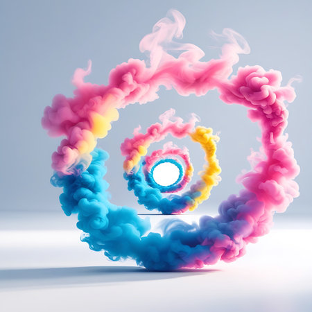 Abstract swirling rings of colorful smoke in pink, blue, and yellow hues create a dynamic and ethereal visual. The concentric circles form a hypnotic spiral, with the colors blending smoothly as they recede into the distance. The clean, bright studio lighting highlights the fluid motion and delicate texture of the smoke, set against a minimalist white background.の素材