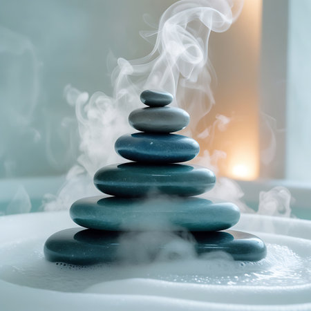 A balanced stack of smooth, teal-colored spa stones is presented with rising steam and a base of foamy water. The arrangement evokes a sense of calm and relaxation, typical of a spa environment. The background is softly blurred, with hints of light and water.の素材