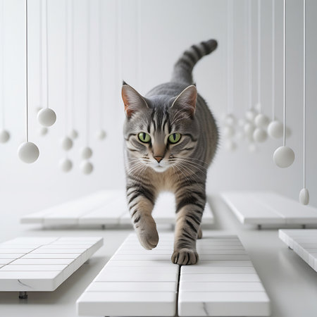 A grey tabby cat with piercing green eyes walks forward on a path of white, rectangular platforms. The scene is set against a bright white background, with numerous small white spheres suspended from above by thin strings, adding an abstract and decorative element to the minimalist composition. The cat is in sharp focus, its striped fur and alert expression clearly visible.の素材