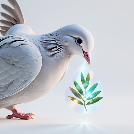 A close-up view of a white dove's head and upper body, with its beak gently holding a transparent water droplet. Inside the droplet is a vibrant green leaf with intricate veins, illuminated from within. The dove's feathers are detailed, and its eye is sharp and observant. The background is a soft, light gradient, with subtle light flares adding to the ethereal and pure atmosphere.の素材