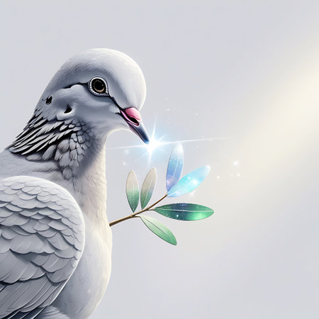 This is a close-up view of a white dove, with its head and upper body prominently featured. The bird gently holds a small olive branch in its beak, adorned with light green leaves. The branch is surrounded by sparkling light effects and a soft bokeh, suggesting a magical or ethereal quality. The dove's features are sharp and detailed, set against a bright, neutral background.の素材