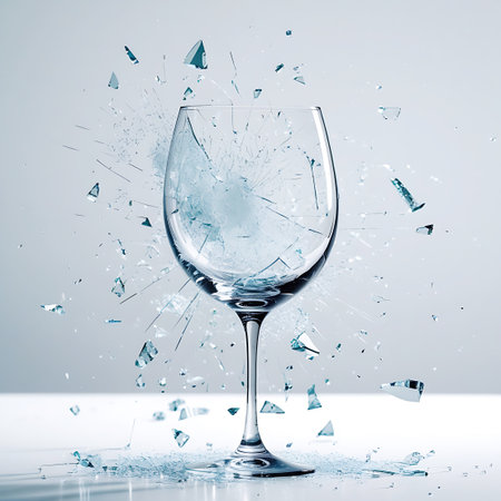 A clear glass wine glass is depicted in a state of complete explosion, with countless sharp glass fragments radiating outwards in a dramatic burst. The shards are scattered in all directions, creating a powerful visual of destruction and energy. The image is set against a clean, light studio background.の素材