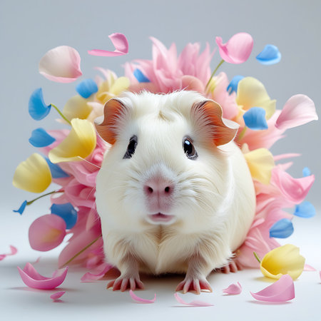 A fluffy white guinea pig is the central focus of this studio image, nestled within a colorful arrangement of pink, blue, and yellow flowers. Numerous petals are depicted in mid-air, as if gently falling around the animal. The guinea pig has large, expressive eyes and a small pink nose, and it looks directly at the viewer. The composition is set against a plain white background, highlighting the subject and the surrounding floral elements.の素材