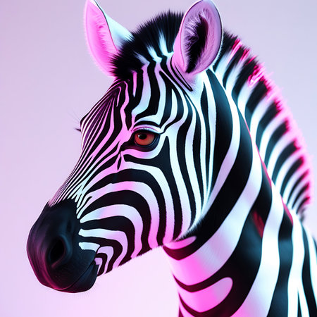 A close-up view of a zebra's head, featuring its distinctive black and white stripes. The animal is bathed in a soft neon pink and white light, which highlights its mane and the contours of its face. The zebra's eye is clearly visible, and the lighting creates a surreal and artistic aesthetic.の素材