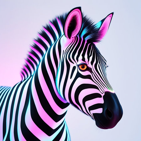 This image shows a detailed headshot of a zebra. The classic black and white stripes are illuminated with vivid neon pink and teal light, creating an otherworldly glow on its mane and around its face. The zebra's eye is a focal point, and the lighting gives the animal a contemporary, artistic feel.の素材