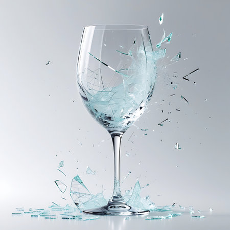 A clear glass wine glass is captured mid-shatter, with numerous sharp glass fragments exploding outwards from the bowl. The shards are suspended in motion, creating a dynamic and dramatic visual. A small amount of liquid, possibly water or ice, is visible within the breaking glass.の素材