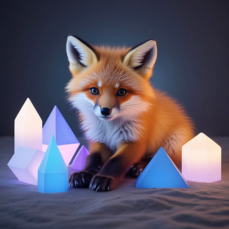 A sweet baby red fox is positioned in the center of the frame, surrounded by various illuminated geometric crystal shapes. The fox is sitting with its paws tucked underneath and is looking towards the viewer. The crystals emit a soft glow in shades of white, blue, purple, and pink. The ground beneath the fox appears to be a sandy, textured surface. The background is dark and softly blurred.の素材